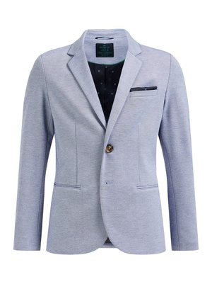 Jasnoszara męska marynarka na jeden guzik z klapami z wcięciem, dwoma przednimi kieszeniami oraz ciemną, wzorzystą podszewką z detalem kieszeni na piersi.