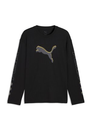 Sort langærmet skjorte med stort gråt Puma-logo med gul kant i midten foran og ordet "PUMA" trykt lodret på begge ærmer.