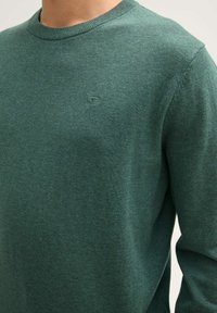 Grøn sweater lavet af blødt strikket materiale, med rund hals, ribbede manchetter og en lille logo detalje på brystet.