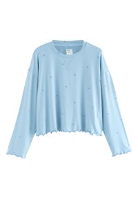 Lyseblå cropped sweatshirt med lange ærmer, rund halsudskæring og stjernemønstret tekstur. Har bølget kant og elastisk materiale.