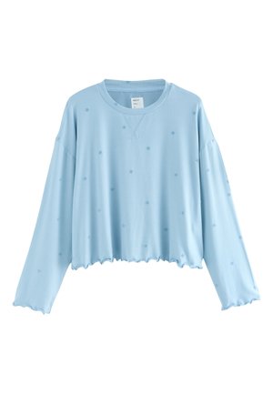 Hellblaues, kurz geschnittenes Sweatshirt mit langen Ärmeln, rundem Ausschnitt und sternförmiger Struktur. Es verfügt über einen wellenförmigen Saum und elastisches Material.