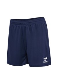 Pantalones cortos deportivos azul marino con cinturilla elástica y logo blanco de Hummel en la parte inferior derecha de la pierna sobre fondo blanco.