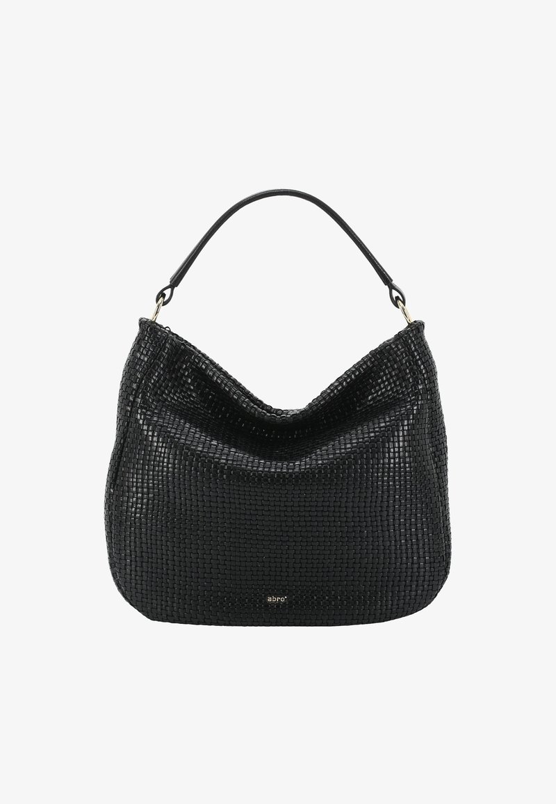 Black woven handbag featuring a curved shape, single top handle, and subtle branding. The texture appears smooth with a structured design.