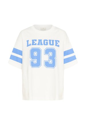 Biała koszulka z krótkim rękawem z niebieskim napisem „LEAGUE”, numerem „93” z przodu oraz dwoma niebieskimi paskami na każdym rękawie.