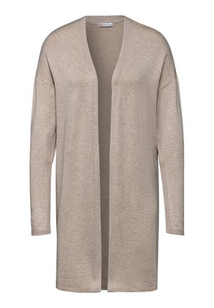 Hellbeige offene Strickjacke aus weichem Maschenmaterial. Lange Ärmel mit gerippten Bündchen, überdimensionierte Schultern und ein lockerer Schnitt.