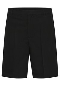 Pantaloni corti neri con taglio dritto, realizzati in un tessuto liscio. Presentano pince frontali e tasche laterali, progettati per un look casual o semi-formale.