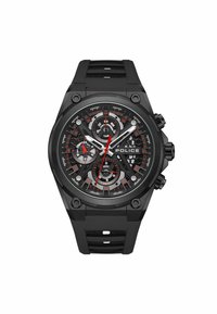 Orologio cronografo nero con quadrante testurizzato nero, accenti rossi, tre sottoquadranti e cinturino in silicone nero. Presenta indicatori delle ore in grassetto.