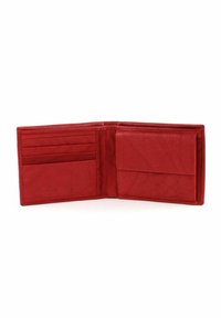 Red leather wallet, bi-fold design, featuring multiple card slots and a larger pocket, textured surface, embossed branding inside.