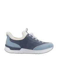 Blaue Wildleder-Sneaker mit weißen Akzenten, runder Zehenpartie, Schnürverschluss und gepolsterter Laufsohle. Verfügt über ein schlankes, sportliches Design.