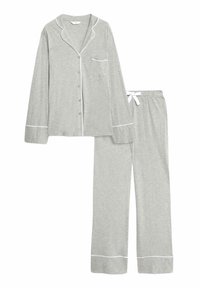 Grå bomulds pyjamas sæt med langærmet knap-op top og bukser med elastisk talje. Har hvid piping langs krave, manchetter og søm.