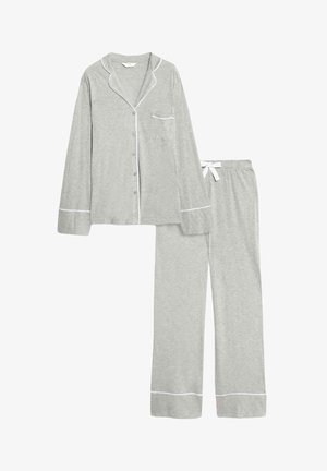 Graues Baumwoll-Pyjama-Set mit langärmligem, knöpfbarem Oberteil und Hose mit elastischem Bund. Verfügt über weiße Paspeln entlang des Kragens, der Manschetten und der Säume.