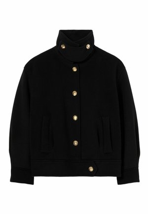 Donna che indossa una giacca nera abbottonata, pantaloni beige a gamba larga, che tiene una borsa marrone e scarpe nere con punte e dettagli dorati, in piedi frontale.