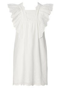 Weißes Baumwollkleid mit großen Rüschensäumen und Lochspitzen-Details. Der Saum hat eine gekerbte Kante und florale Stickereien nahe dem Boden.