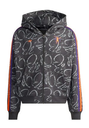 Černá mikina na zip s kapucí se šedým abstraktním vzorem. Má oranžové detaily, boční pruhy ve fialové a oranžové barvě a přední kapsy.