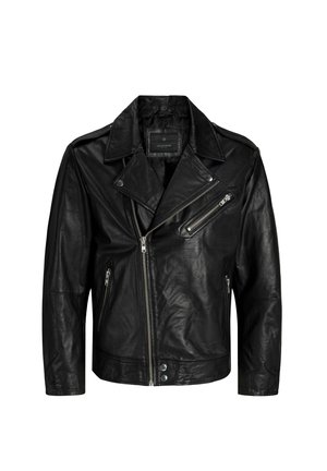 Veste motard en cuir noir avec fermeture éclair asymétrique à l'avant, poches poitrine et latérales zippées, et détails de col à boutons-pression.