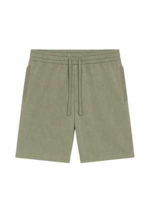 Shorts décontractés vert olive avec taille élastique, cordons de serrage ajustables et poches latérales, conçus pour le confort et le port quotidien.