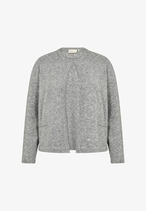 Szürke kötött kardigán kerek nyakkal, nyitott elülső résszel, két elülső zsebbel és strukturált felülettel. Lazább, bő szabású dizájnnal rendelkezik.