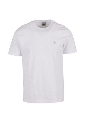 T-shirt bianca in cotone con scollo rotondo, maniche corte e una piccola toppa con logo sul petto a sinistra. Tessuto liscio e vestibilità comoda.