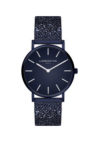 Ronde blauwe horloge met een gemarmerde glitterband, voorzien van een donkerblauwe wijzerplaat, witte uurmarkeringen en zilveren wijzers. Merkennaam weergegeven.
