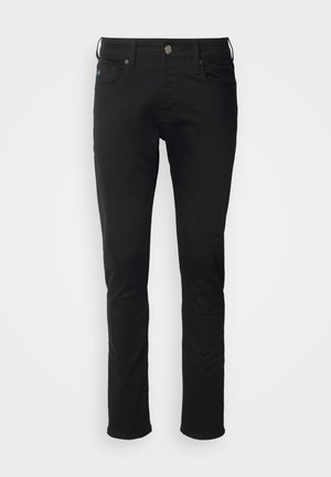 Black cotton jeans with a straight-leg cut, featuring a front button closure, belt loops, and standard pockets with a smooth texture.