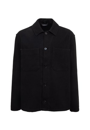 Black jacket made of soft fabric; features a collar, two large front pockets, and button closure, with a straight-cut design and long sleeves.