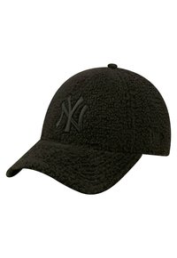 Schwarze Kappe aus strukturiertem, fusseligem Material mit einem gebogenen Schirm. Verfügt über ein gesticktes New York Yankees-Logo in passender Farbe.