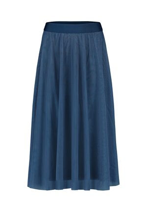 Blauwe rok tot op de knie met een brede elastische tailleband en lichtgewicht, semi-transparante, vloeiende stof met subtiele verticale textuur.