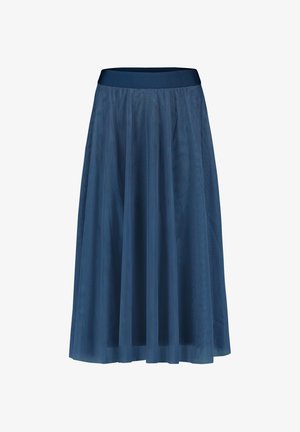 Niebieska spódnica do kolan z szerokim elastycznym paskiem w talii oraz lekkim, półprzeźroczystym, zwiewnym materiałem o subtelnej pionowej fakturze.