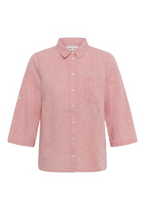 Chemise en lin rose avec col, poche poitrine unique et manches trois-quarts avec pattes boutonnées.