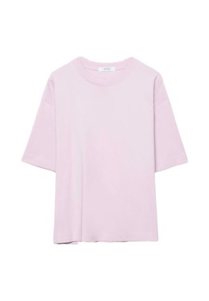 T-shirt rose clair à manches courtes avec col rond, coupe décontractée, présenté à plat sur un fond blanc.
