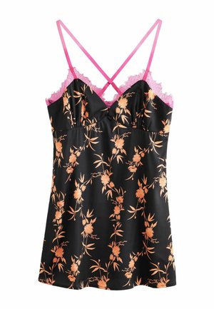 Črna satenska camisole z oranžnim cvetličnim vzorcem. Ima roza čipkast rob in prečne naramnice. Gladka tekstura, sproščen kroj.
