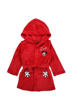 Robe en peluche rouge pour enfants avec une capuche, présentant un graphique de Mickey Mouse et des appliqués en forme de mains sur les poches. Design ceinturé. Texture douce.