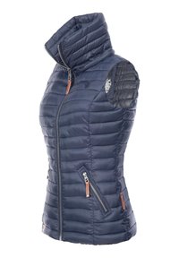 Marineblauwe, gewatteerde mouwloze vest met hoge kraag, ritssluiting aan de voorkant en twee zijzakken. Heeft leren accenten en een gestreepte binnenvoering.