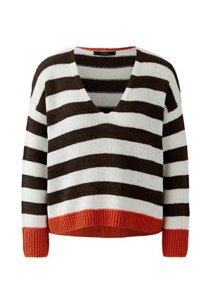Gebreide trui met brede horizontale bruine en witte strepen, V-hals, en feloranje geribbelde manchetten en zoom.
