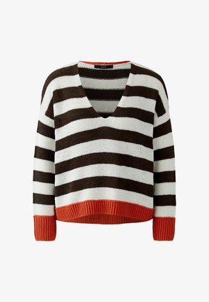 Knitted sweater with wide horizontal brown and white stripes, V-neck, and bright orange ribbed cuffs and hem.