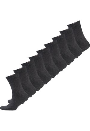 Dark gray cotton socks with a smooth texture, featuring a ribbed cuff and a crew length, arranged in a row of ten pairs.