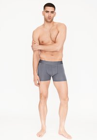 Graue Boxershorts mit einer enganliegenden Passform, weichem Stoff und einem elastischen Bündchen mit Logo. Das Modell steht barfuß mit verschränkten Armen.