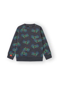 Sudadera gris con un patrón repetido de bicicletas en verde, azul y rojo. Puños y dobladillo acanalados, con un pequeño acento naranja en la manga.