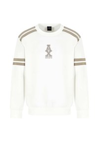 Weißer Sweatshirt mit langen Ärmeln, Rundhalsausschnitt und elastischen Bündchen. Hat beigen Streifen an den Ärmeln und ein gesticktes Logo auf der Brust.