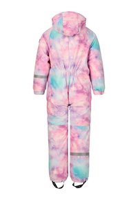 Kleurige kinder sneeuwpak met een sterrenstelsel print in roze, blauw en paars. Het heeft een capuchon, een elastische taille en reflecterende accenten op de mouwen.