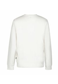 Sudadera blanca con mangas largas, cuello redondo y puños de canalé. Textura suave sin patrones ni marcas visibles. Corte estándar.