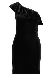 Černé šaty s jedním ramínkem a řaseným výstřihem. Vyrobené z hladkého, sametového materiálu, mají přiléhavý střih a krátkou délku.