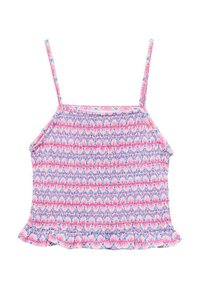 Top leggero, con motivo rosa e blu, dotato di spalline sottili, busto arricciato e orlo a volant. Realizzato in tessuto morbido, adatto per il clima caldo.