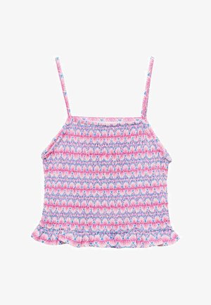 Lichte, roze en blauwe gemusterde top met dunne bandjes, gerimpelde lijfje en gerimpelde zoom. Gemaakt van zachte stof, geschikt voor warm weer.