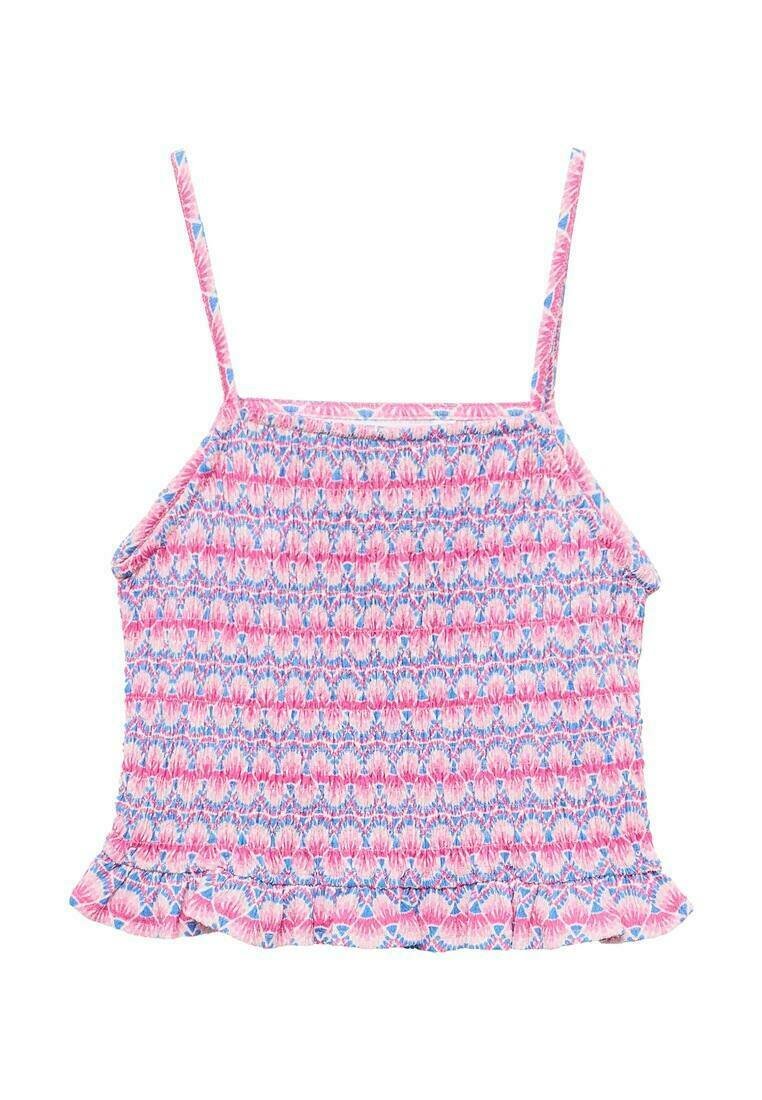 Top leggero, con motivo rosa e blu, dotato di spalline sottili, busto arricciato e orlo a volant. Realizzato in tessuto morbido, adatto per il clima caldo.