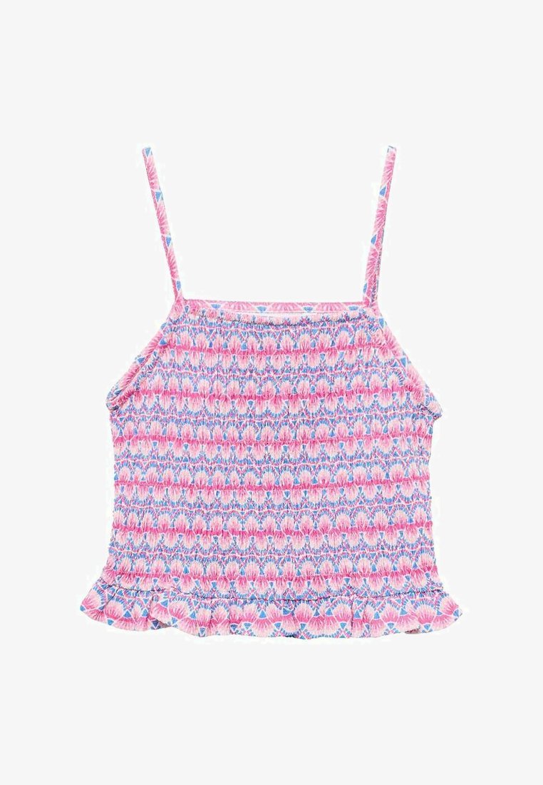 Lahka, roza in modro vzorčasta majica s tankimi naramnicami, smokanem korzetu in volanastim robom. Narejena iz mehkega materiala, primerna za tople vremenske razmere.
