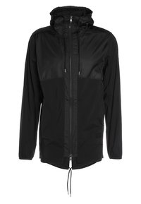 Black waterproof jacket featuring a zip front, adjustable hood, and drawstring hem. Made from a smooth, lightweight fabric with contrast panels.