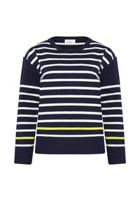 Marineblauwe en witte gestreepte trui met lange mouwen; voorzien van een opvallende limegroene streep aan de zoom; gemaakt van zachte, gestructureerde stof.
