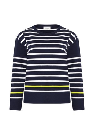 Granatowo-biały sweter w paski z długimi rękawami; posiada wyrazisty limonkowo-zielony pasek u dołu; wykonany z miękkiej, teksturowanej tkaniny.