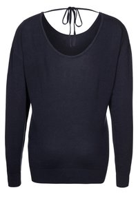 Marineblauer Pullover mit langen Ärmeln, weitem Rundhalsausschnitt und Bindebanddetail am Rücken. Hergestellt aus strukturiertem Strickstoff mit lockerem Sitz.
